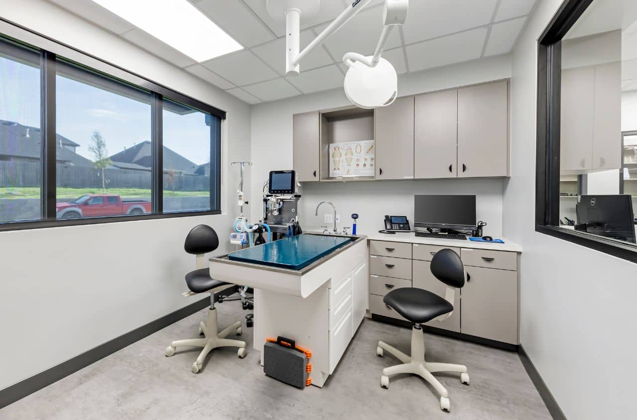 An empty exam room with empty rolling chairs on either side of the exam table