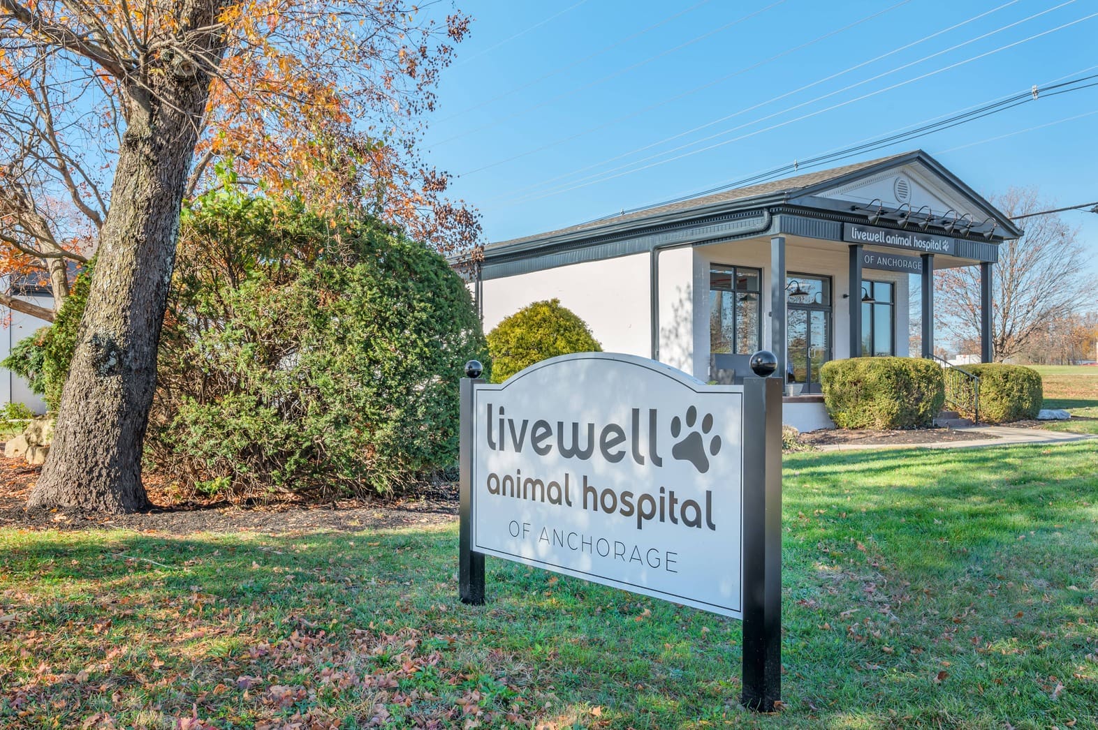 The outside of Livewell Animal Hospital of Anchorage including a shot of their signage