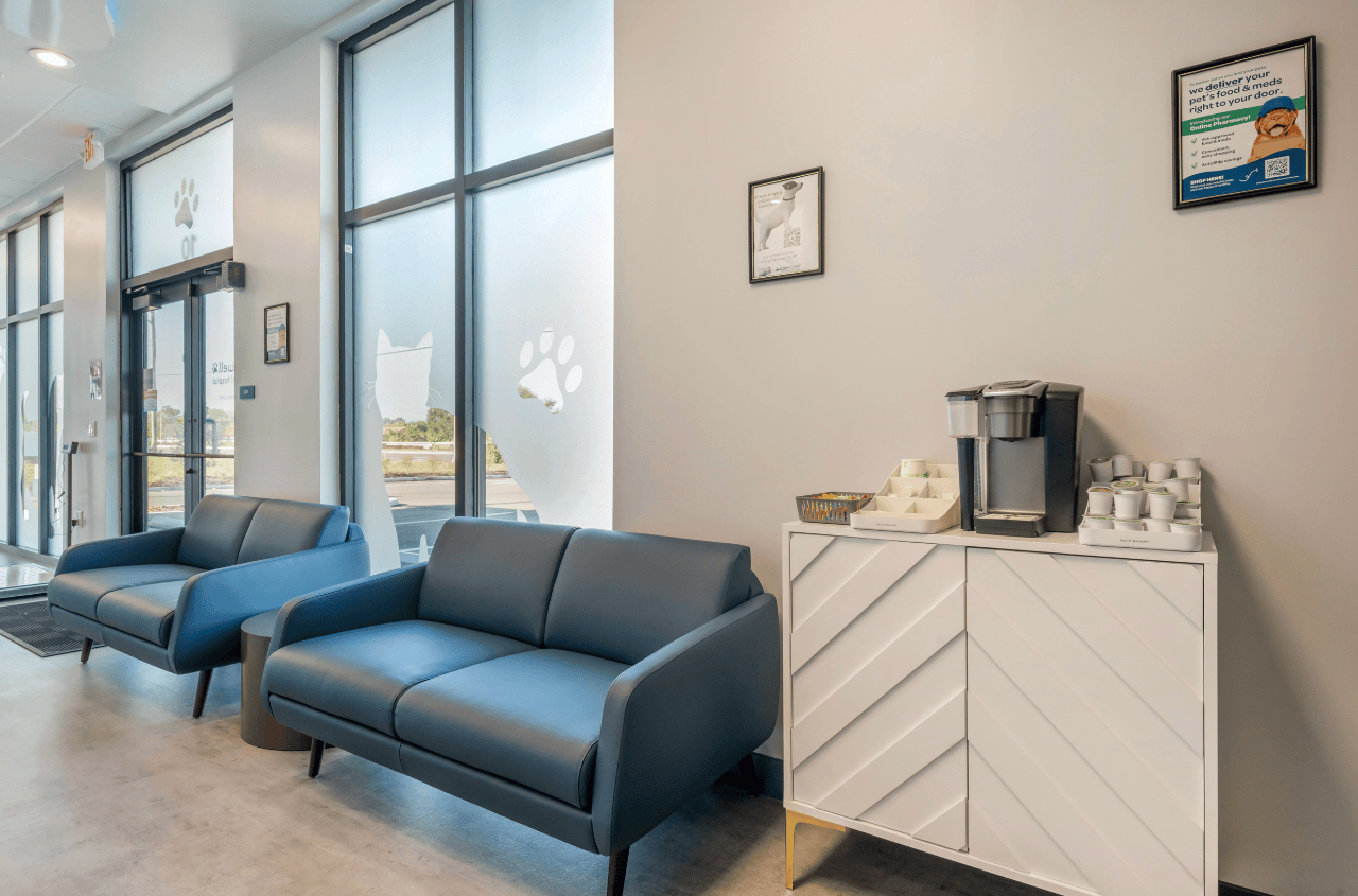 Dedicated area in the lobby at the hospital for guests to have coffee while they bring their pet in for a visit