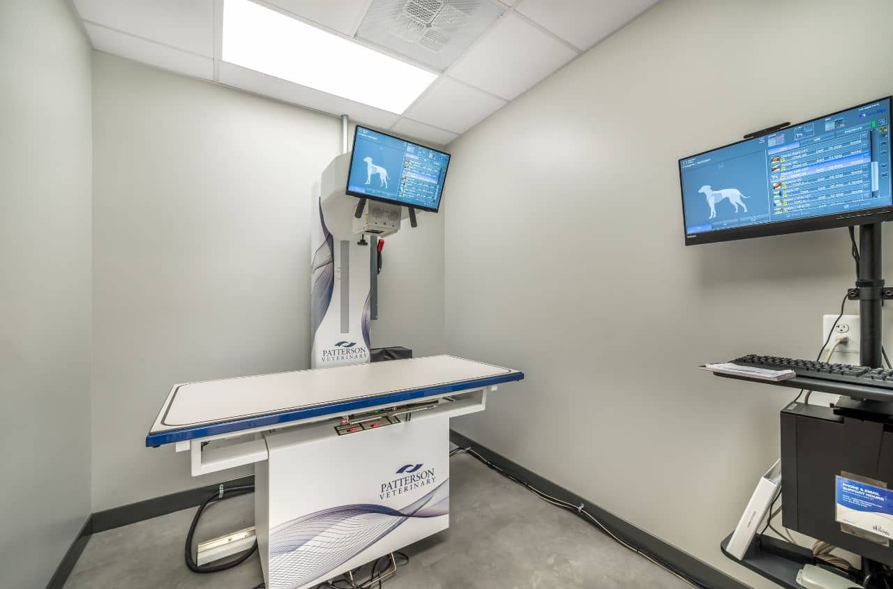 An empty x-ray room with screens on