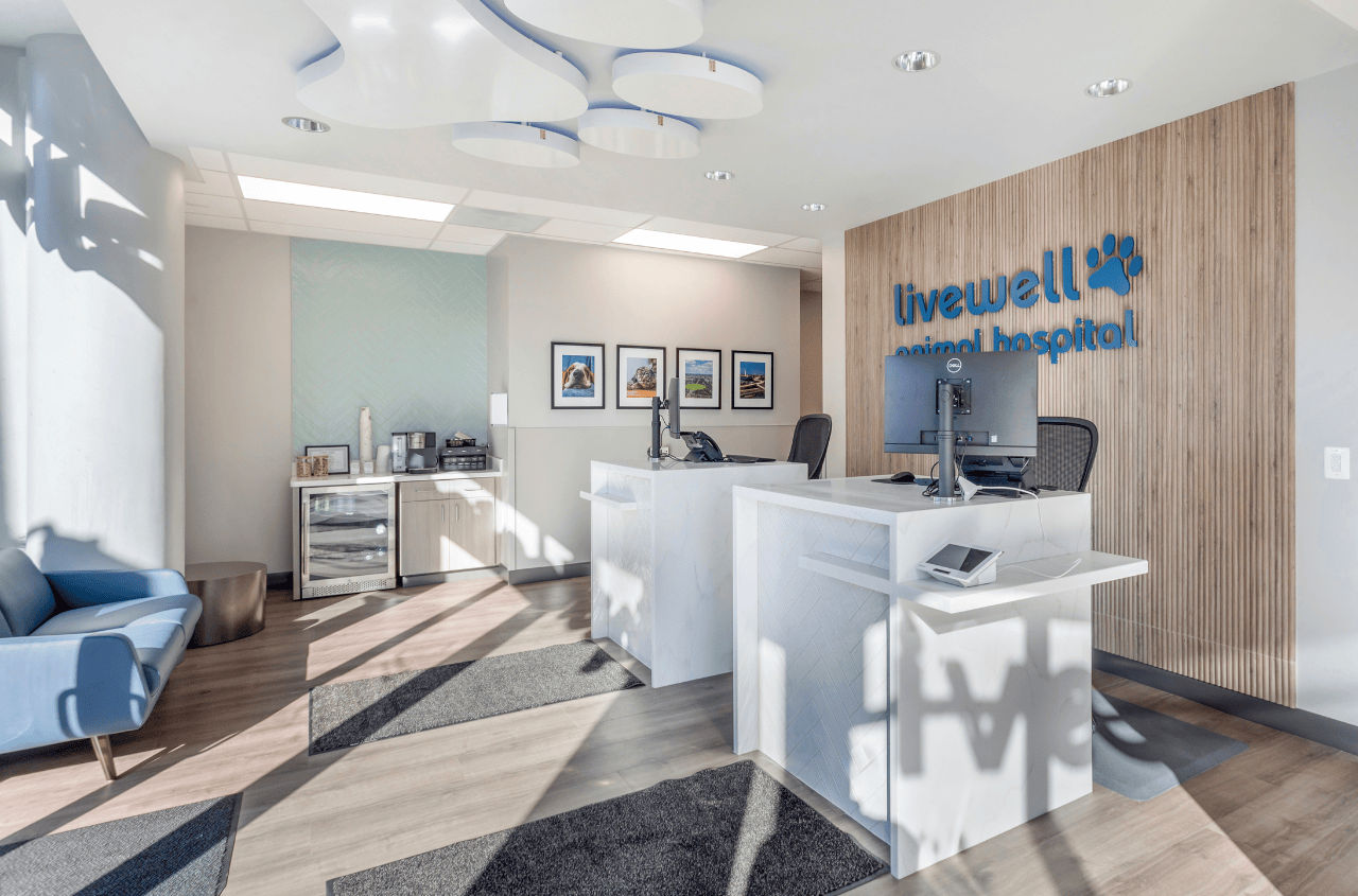 Receptionist area from an angled view, showcasing a beverage and refreshment area for clients